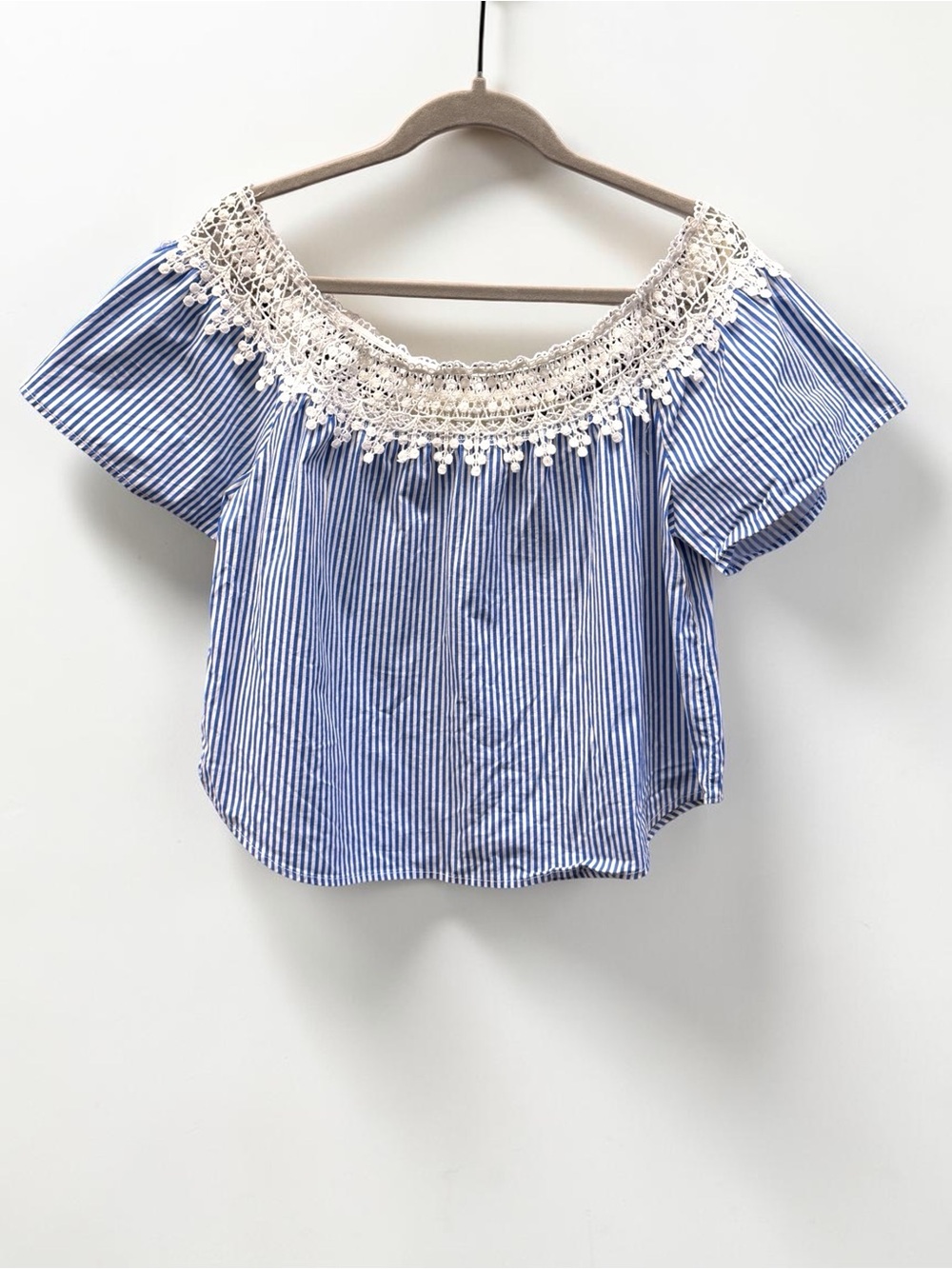Ambiance Blue White Striped Crochet Off Shoulder Top Size Large Boho